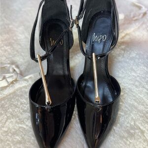 IMPO Black Patent Pointed Toe Ankle Strap Heels Size 8 Gold Accent